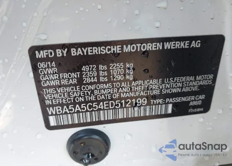 2014 BMW 5-Series из США, поврежденный, VIN WBA5A5C54ED512199